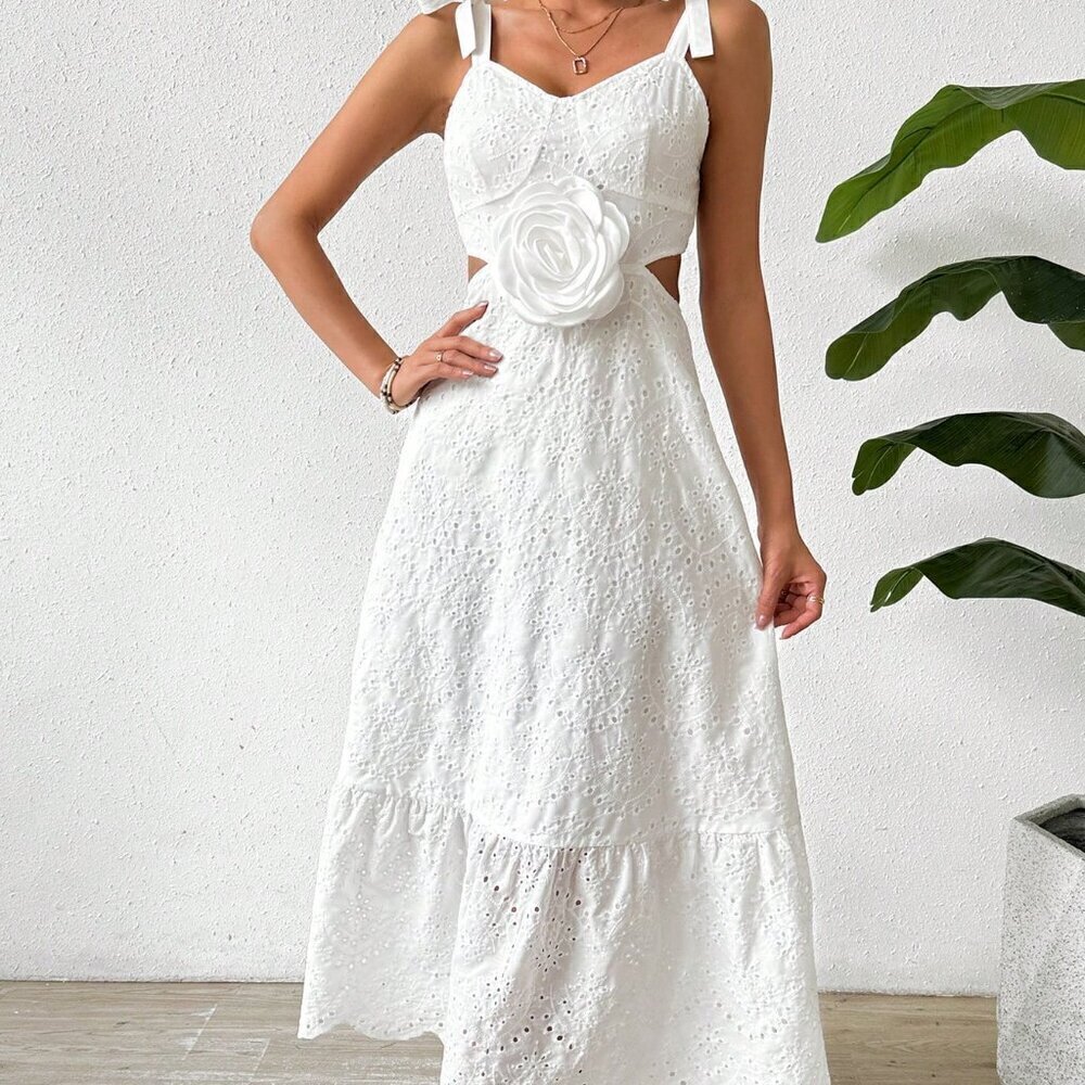 White Casual Women's Halterneck Backless Dress With Waist Tie - Picture 4 of 6